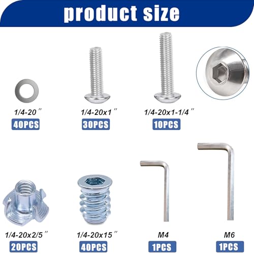 Taiss 140PCS 1/4-20 Threaded Inserts for Wood,T Nuts,1/4-20x 1", 1-1/4" Bolts Button Head Socket Cap Screws+60PCS 1/4"-20 Threaded Inserts for Wood