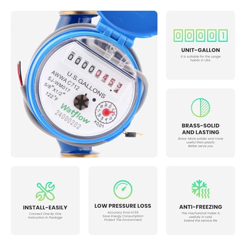 DN15 Water Meter 1/2" NPT, AWWA C712 Certification Gallon Water Flow Meter with Pulse Output, Cold Water Meter for Garden/Home/Apartment, Horizontal Install. 1/2",gal,SJ,w/ pulse