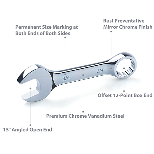 Premium Stubby Combination Wrench Set with Roll-up Pouch, 11-Piece, SAE, 3/8” to 1”, No Skipped Inch Size | Cr-V Steel, Mirror Polished Finish | Short Length and Slim Body, Perfect for Confined Areas SAE Set