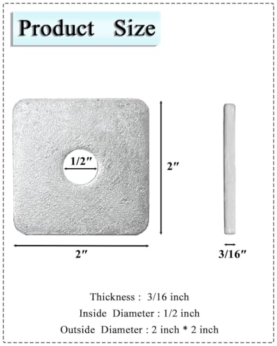 20-Pack 1/2" HDG Hot-Dipped Galvanized Square Plate Washers, 2x2 x 3/16" 1/2”