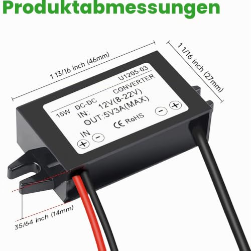 Greluma 1 x DC 12 V to 5 V 3 A USB C backward converter, type C interface 25 W waterproof buck module power supply compatible with Raspberry Pi 4, mobile phones