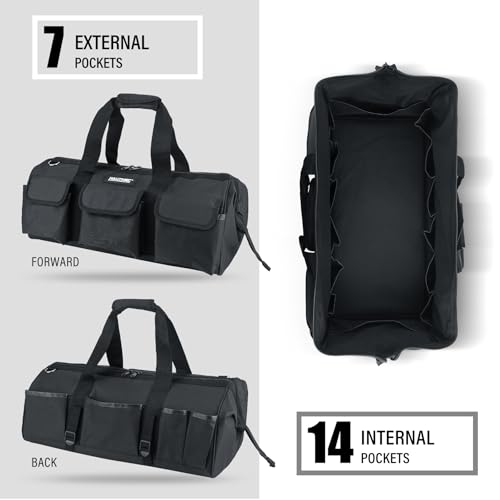 HAUTMEC 24" Large Contractors Tool Bag, Wide Mouth Tool Bag with Hard Base & Metal Frame, 21-Pocket Double Zippers Heavy-Duty Tool Organizer for Heavy Tools – HT0184 24" Large Tool Bag