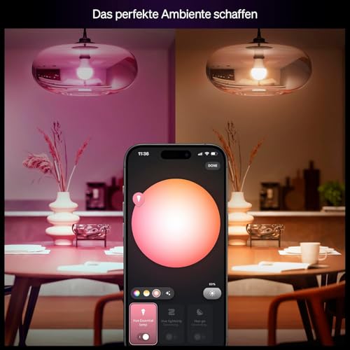 Philips Hue Essential Smart LED A60 Bulb, White and Colored LED Bulb, E27 Socket, 8W, 2200K-6500K, 806 Lumen LED Light, Dimmable, Compatible with Alexa, Google Assistant & Apple Home, Pack of 4 | White and colorful light, 8 W, smart home, dimmable, c...