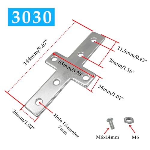 3030 Aluminum Extrusion Profile Connector Cross Shaped Flat Plate Set Included 2PCS Joint Plates, 12Pcs M6 T-Slot Nuts and 12Pcs M6x14mm Screws(Silver) 3030