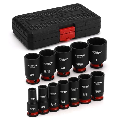 CASOMAN 12-Pieces 3/8" Drive Mid-Length Impact Socket Set, 12-Point, SAE, 5/16-Inch to 1-Inch, CR-MO Steel, with Storage Case 0.31 - 1 in