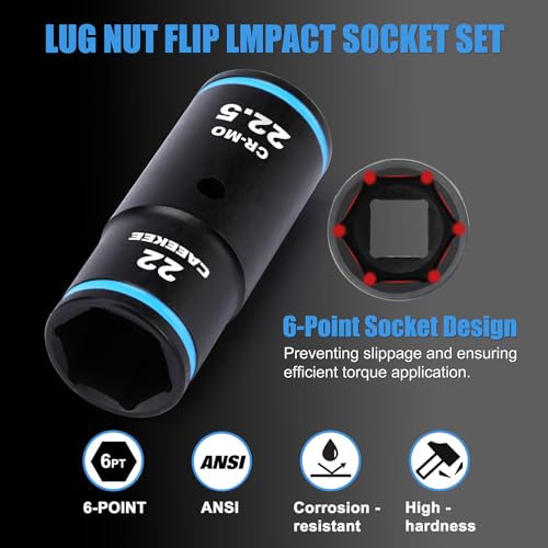 1/2" Drive Lug Nut Impact Socket Set, 7PCS Thin Wall Flip Socket Set, Half Size Metric Wheel Socket Set, 17.5mm, 18.5mm, 19.5mm, 21.5mm, 22.5mm, 6 Point, CR-MO, 3" Extension Bar & Knockout Bar 7PCS Half Size Metric