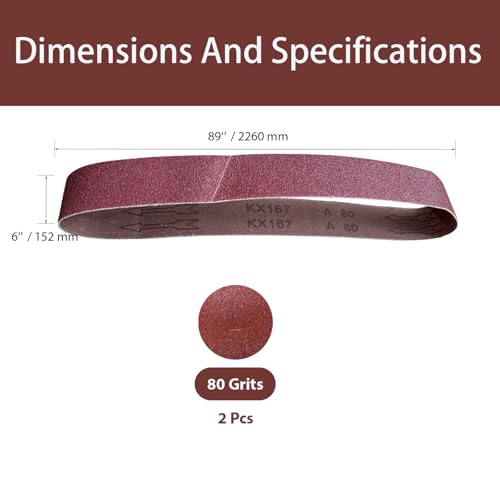 6x89 Inch Sanding Belts, 2Pcs 80 Grit Aluminum Oxide Abrasive Belts Multi-Grit Assortment for Wood & Metal Sanding/Polishing (2, 6x89 In-80Grit) 6x89“80Grit 2