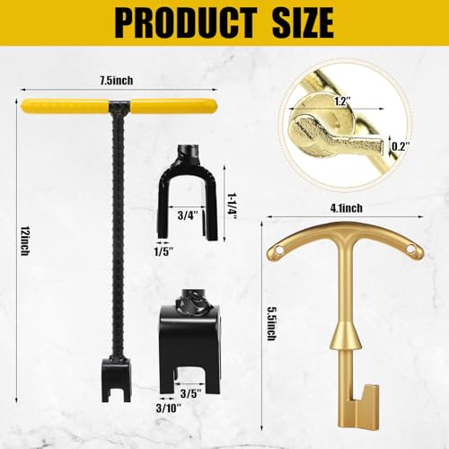 Water Meter Key 12 Inch Enforced Steel Wrench T-handle with 4-way Multi-functional Universal Cross Key Brass Water Meter Box Tool for Curb Main, Underground Stop, Waste Valves (Yellow, Gold) Yellow, Gold