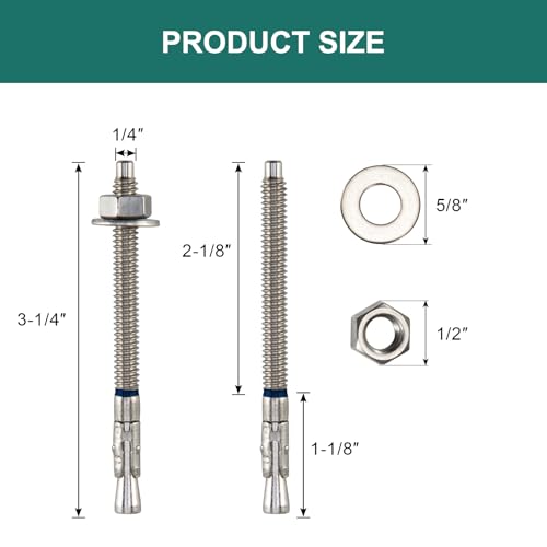 1/4" x 3-1/4" Concrete Anchors (20 Pack) 1/4 inch Wedge Anchors Bolts Stainless Steel 1/4"x3-1/4"
