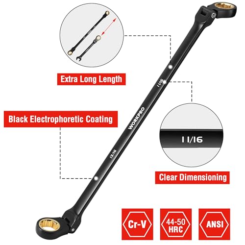 WORKPRO Extra Long Flex-Head Ratcheting Wrench Set, 5-piece Anti-Slip Double Box Wrench Set, SAE 1/4-13/16", 72-Teeth, Cr-V Steel and Black Electrophoretic Coating Wrenches with Rolling Pouch