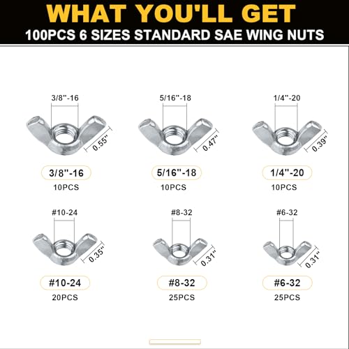 Siptenk 200PCS Metric & SAE Wing Nuts Assortment Kit M3-M12 6-32 to 3/8"-16 200 SAE & Metric