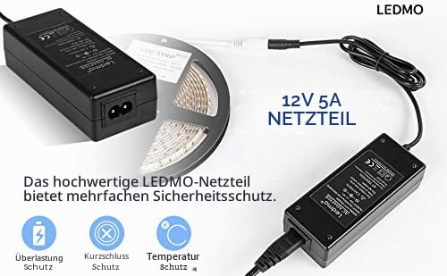 ledmo Pack of 3 12V 5A Power Supply Adapter, AC 100-240V to DC 12V 5A 60W | Compatible with LED light strips, monitors, TVs, DVD TVs, camera system SMD 5050/3528/5630 - Euro plug 5.5 x 2.5/2.1 mm 3 Pack 12V 5A 60W