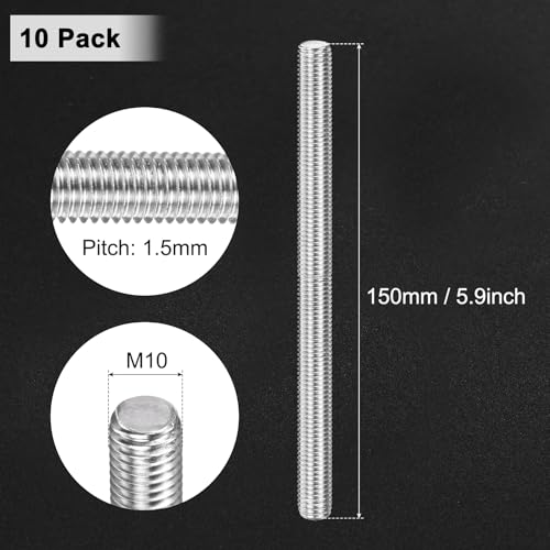M METERXITY 10-Pack Fully Threaded Rod, M10x150mm 304 Stainless Steel Right Hand Thread Bar Studs for Furniture Anchor Bolts/Clamps/U-Bolts, Metric Threaded Screw