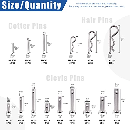 Glarks 340-Pieces 6 Sizes 304 Stainless Steel Cotter Pin Clip Key Fastner Assortment Kit + 122Pcs 4 Styles Clevis Pin/Cotter Pin/Hair Pin/Dowel Pin Assortment Set