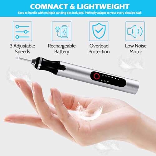 Cordless Engraving Pen, 3-Speed Electric Engraving Tool Kit, Engrave 50+ Surfaces, with 30 Small Drill bits, 5 Grinding Accessories and 16 Engraving Templates, USB Charging for Soft Wood Resin Stone J