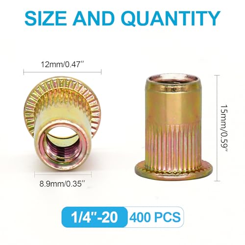 Trivd Frol 400PCS 1/4"-20 Rivet Nuts, Carbon Steel UNC Flat Head Rivets 400PCS (1/4''-20)