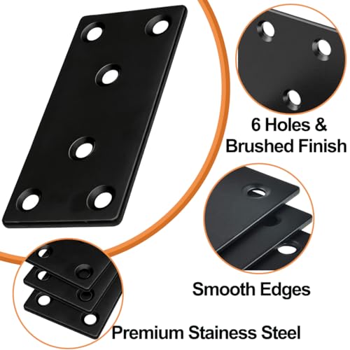 20 Pack 4x2 Inch Black Flat Mending Plates Metal Straight Bracket Brace Stainless Steel Mending Joining Plates with Screws, Heavy Duty Fixing Brackets for Wood Furniture Shelves Repair 4 x 2Inch Black Flat Bracket