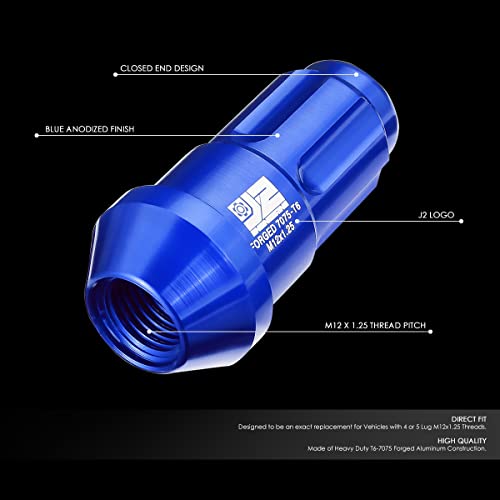 J2 Engineering J2-LN-T7-035-125-BL 20Pcs M12 x 1.25 T6-7075 Aluminum 50mm Closed End Lug Nuts w/Deep Drive Extension Adapter,Blue, 24mm x 50mm