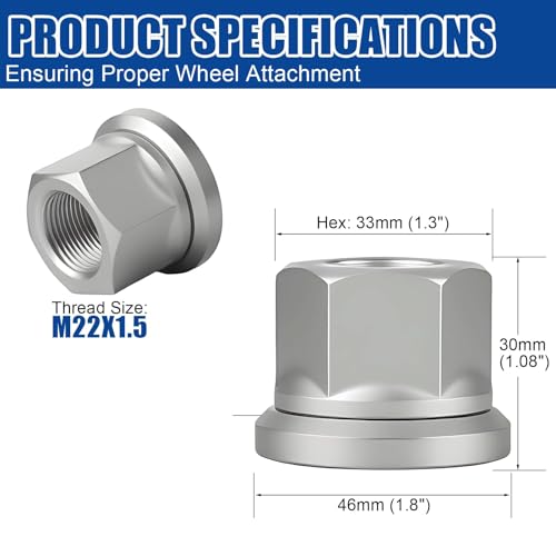 JiiinMiiin M22x1.5 10Pcs Grey Lug Nuts,33mm Hex Two-Piece Flanged Flat Face for Heavy Duty Truck Semi Truck Fit Aluminum or Steel Wheels with Hub Piloted