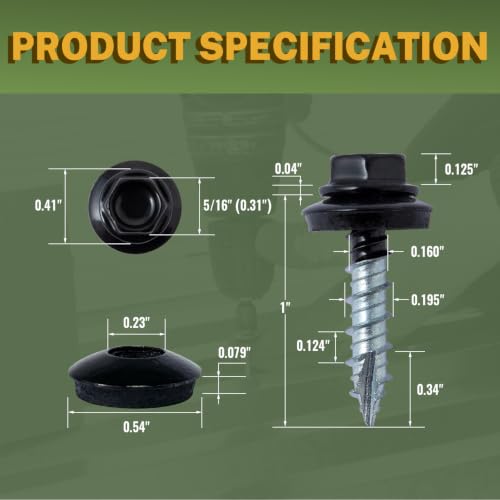 LIONMAX Metal Roofing Screws #10 x 1 Inch, 300-PCS, Black, Rubber Washer #10 x 1"