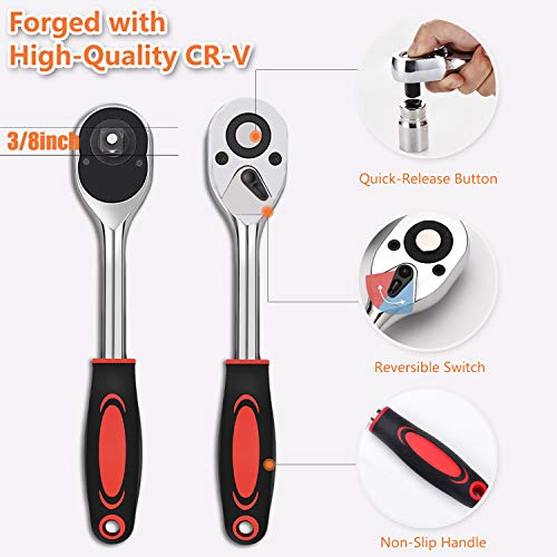 Universal Socket Wrench Set (11-32mm 7-19mm) Professional Sockets Tools Multi-function Wrench Repair Tool Kit with 3/8 inch Ratchet Wrench & Power Drill Adapter Chrome Vanadium Steel 6PCS