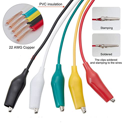 Pack of 10 Alligator Clips with Cable, Test Leads with Alligator Clips, Double Ended Test Leads (50 cm) Green, White, Black, Yellow, Red