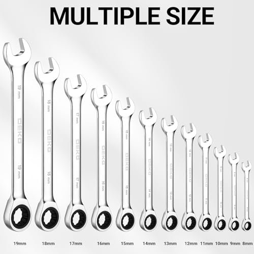 DEKOPRO 12-Piece Ratcheting Wrench Set 8-19mm Metric Standard, Fixed Head Combination Wrenches Set with Rack Organizer, Cr-V Steel, 12 Point 72 Teeth Metric-12 pcs