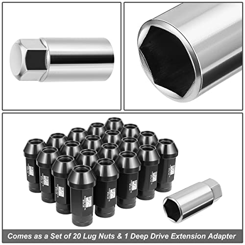 J2 Engineering J2-LN-T7-037-125-BK M12 x 1.25 T6-7075 Aluminum 50mm Closed End Lug Nuts w/Deep Drive Extension Adapter,Black, 24mm x 50mm
