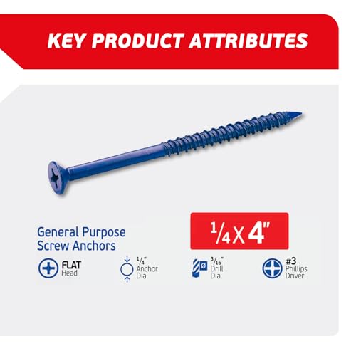 1/4 x 4 Countersunk Phillips Flat Head Blue Concrete Screw Anchors (100 pcs Screw Kit) with one Screwdriver and Drill Bit for Concrete, Masonry, Block, Brick and Wood Fastening 1/4 x 4 in