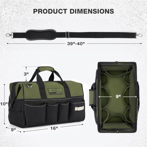 HISEA Heavy Duty Tool Bag 20 Pockets, 16-Inch Portable Tool Box Organizer Green 16inch