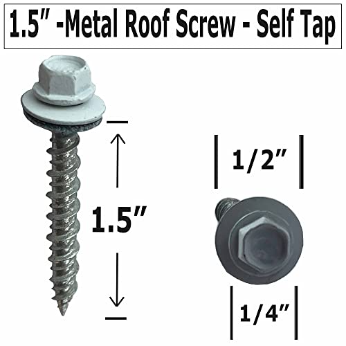 Metal Roofing Screws-#10 x 1.5” – Self Tapping Hex Head with EPDM Rubber Washer – for Metal to Wood, Corrugated Roofing, Siding, Sheds, Pancake Screw - ¼” Hex Drive Easy Installation - White (250) 250