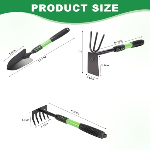 Gardening Tool, 3 Pack Lightweight Heavy Duty Spade Shovel, Garden Tools and Hand Rake with Soft Rubber Non-Slip Handle, for Gardenging Planting Weeding Digging, Green ﻿