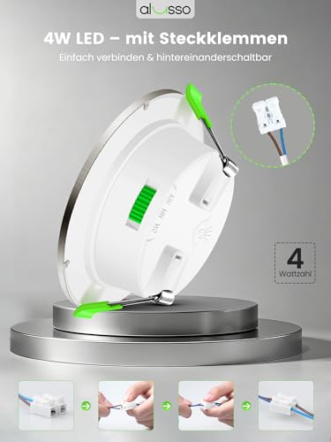 Alusso 12-24 V LED Recessed Ceiling Spotlight, IP44 Furniture Recessed Spotlight, Flat | 4 W, drill hole 55-68 mm and 29 mm flat, 3000 K warm white 4000 K neutral white, 6500 K cool white, nickel, set of 6 Nickel, Diameter 55-68 Mm