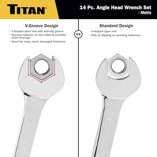 Titan 17284 14-Piece Metric Angle Head Open End Wrench Set, Sizes from 6mm to 19mm, V-Groove Design, Chrome Vanadium Steel Construction