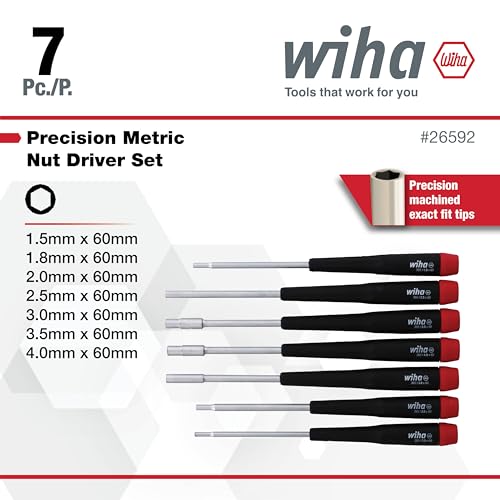 Wiha 26592 Nut Driver Set, 7 Piece, Metric, Precision Handle, Extra-Long, Chrome-Plated Metric Set