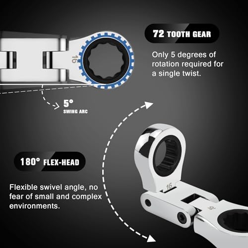 LOSCHEN 5-Piece Flex-Head Stubby Ratcheting Combination Wrench Set, Mini Wrench Set, Double Box End Flex-Head, Mini Spanner Set, Metric 8 10 12 13 14 15 16 17 18 19mm, 72-Teeth, CR-V Steel