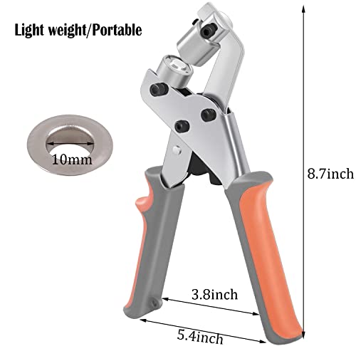 KING PIECES Grommet Tool Kit Handheld Hole Punch Pliers Portable Grommet Hand Press Machine Manual Puncher w/ 500pcs+1000pcs Silver Grommets of 3/8 Inch (10mm)