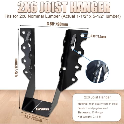 20 PCS 2x6 Joist Hanger,Black Powder-Coated,18 Gauge Galvanizing Face Mount 2"x 6" 20PCS