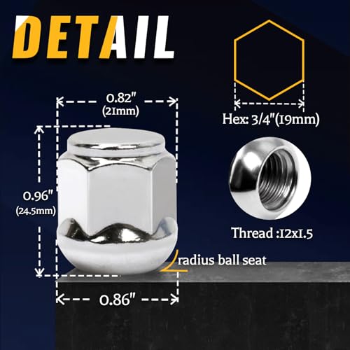 20 12x1.5 Ball Seat Radius Lug Nuts Fits Honda Acura Factory Alloy Wheels 0.96 In (24.5mm) Radius Ball Seat