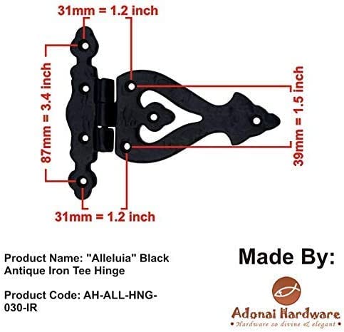 Adonai Hardware Alleluia Antique Cast Iron Vintage Heavy Duty T Hinges (5.3" x 2 Pack, Matte Black) for Barn Doors, Gates, Cabinets, Wardrobes, Sheds, Windows, Wooden Box, Chest and Trunks 5.3 Inch x 2 Pack (T Hinge) Matte Black (Iron)