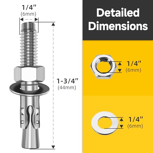 Mywish (10 Sets) 1/4-20x3 Hex Head Stainless Steel Bolts and Nuts with Flat & Lock Washers & 10Pcs 1/4 x 1-3/4 Inch Wedge Anchors, 304 Stainless Steel 18-8, Fully Threaded, 1/4 Heavy Duty Industrial