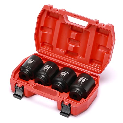 MIXPOWER 1/2-Inch Drive Deep Impact Socket Set, Inch, Cr-Mo, 6 Point, 1-13/16",1-7/8", 1-15/16", 2", 4-Pieces 1/2" Dr. Spindle Axle Nut Impact Socket Set, Impact Grade