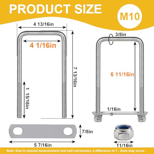 4 Sets Square U Bolts 4-1/16 inch Wide, Sunxer Tool Stainless Steel U Clamp with Nyloc Nuts Washers and Plates for Pipe Beam Trailer (M10 x 102mm x 200mm) M10 x 102mm x 200mm