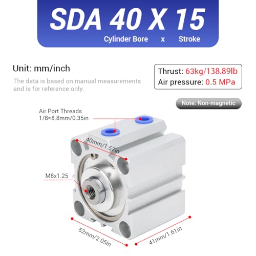 SDA40X15 Thin Air Cylinder, 40mm Bore x 15mm Stroke Dual Action Aluminum Alloy, 1/8 Port Small Pneumatic Cylinder for Industrial Automation SDA40*15