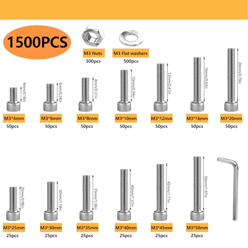 M3 Stainless Steel Hex Socket Head Cap Screws Bolts Assortment Kit - 1500 Pcs (M3 x 4/6/8/10/12/16/20/25/30/35/40/45/50mm) with Nuts, Washers and Hex Key Wrenches M3 x 4/6/8/10/12/16/20/25/30/35/40/45/50