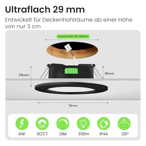 Alusso LED Recessed Spotlights Dimmable Diameter 55-68 mm 3CCT IP44 Ceiling Spotlights Pack of 6 | AC 220-240V, dimmable 10-100%, 3000K/4000K/6500K LED spots for bathroom, kitchen, black 230 V Black, 6 Pieces 12 pieces