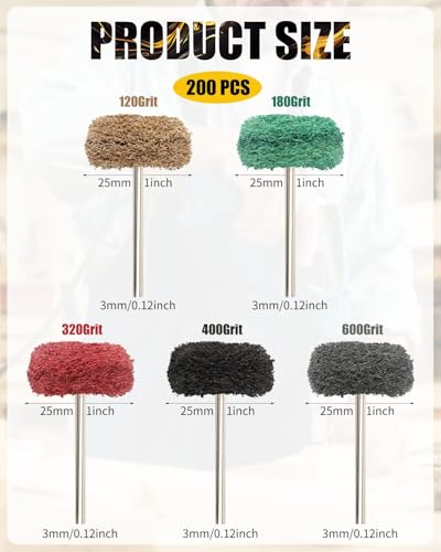 Rocaris 200 Pcs Abrasive Buffing Wheels, 1 inch Abrasive Buffing Polishing Wheels Burr for Rotary Tools-1/8(3mm) Shank, 120Grit, 180Grit, 320Grit, 400Grit, 600Grit