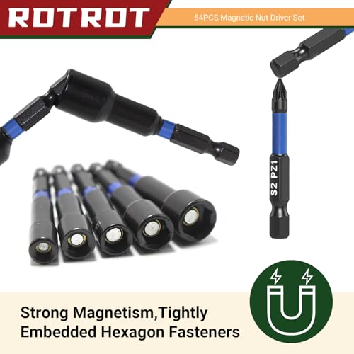 54-Piece Magnetic Nut Driver Set, Impact Drill Driver Bit 1/4", Metric & SAE Nut Drivers for Impact Drill, Socket Adapters, Screwdriver Bit, Quick-Release Extension, Wing Nut Driver, Storage Box 54-Piece Magnetic Nut Driver Set