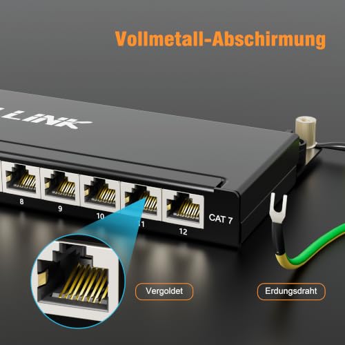 iwillink Cat7 Patch Panel 12 Port - 0.5U - Wall Mounting/Desktop - RJ45 Sockets - LSA Distribution Panel - 10Gbps Gigabit - 600MHz - STP Shielded - Black | Wall mounting/desktop, RJ45 sockets, STP shielded, LSA distribution panel