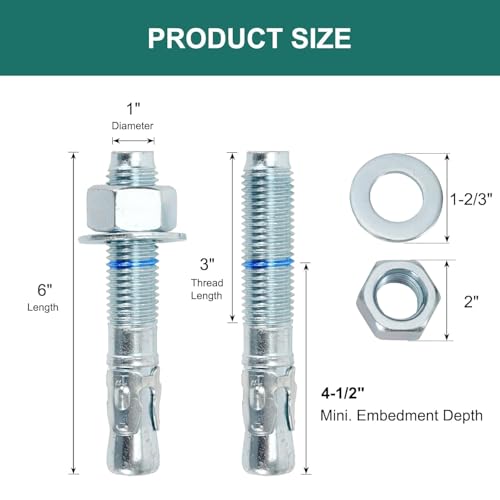 1" x 6" Concrete Anchors (10 Pack) 1 inch Wedge Anchors Bolts Zinc Plated 1"x6"